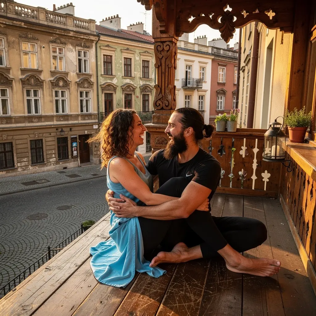 Zakochani trzymający się za ręce w trakcie jogi partnerskiej.