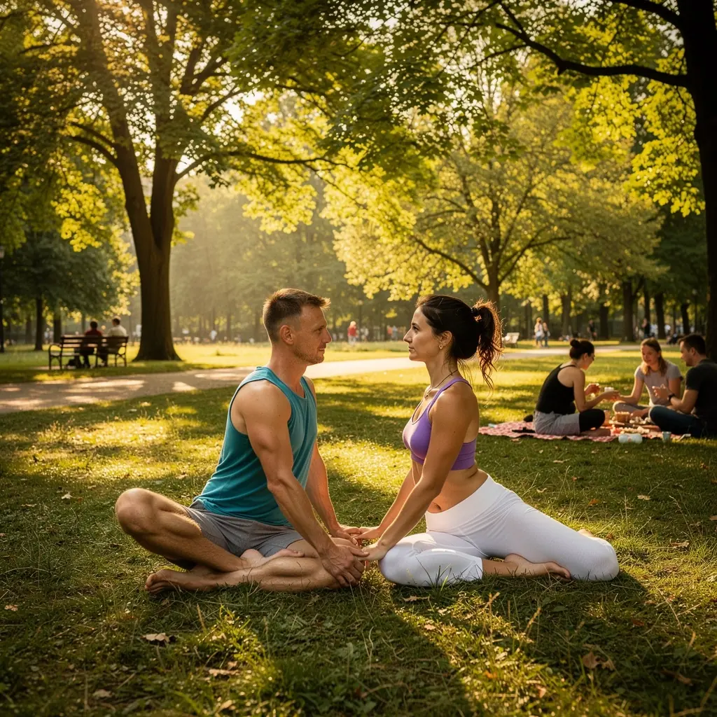 Para praktykująca jogę w asanie wspólnej.