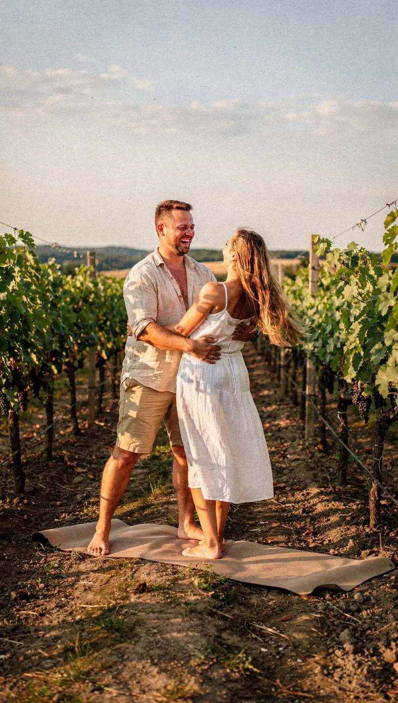 Dwoje ludzi wykonujących wspólnie pozycje jogi, uśmiechając się do siebie w atmosferze harmonii.