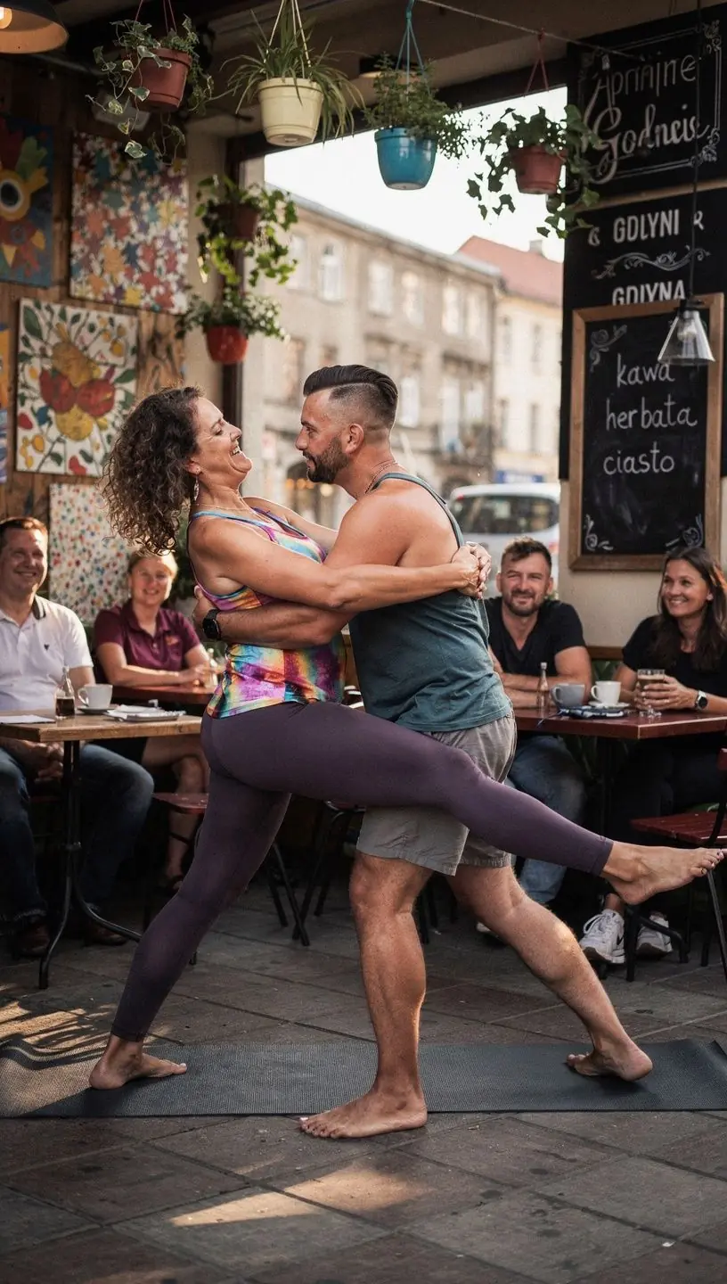 Zbliżenie na dłonie partnerów trzymających się nawzajem podczas wspólnej sesji jogi.