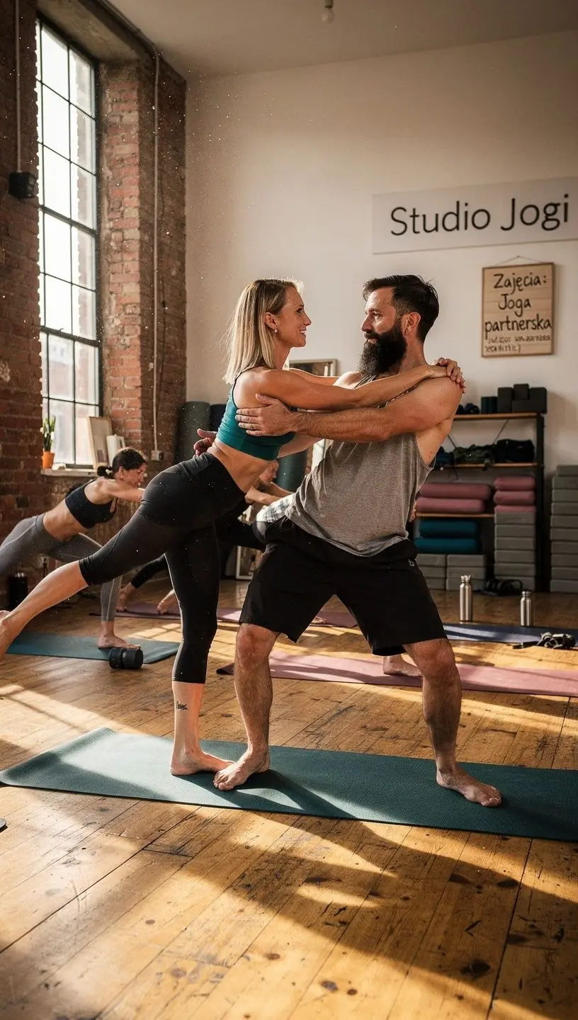 Dwoje ludzi wykonujących wspólnie pozycje jogi, uśmiechając się do siebie w atmosferze harmonii.