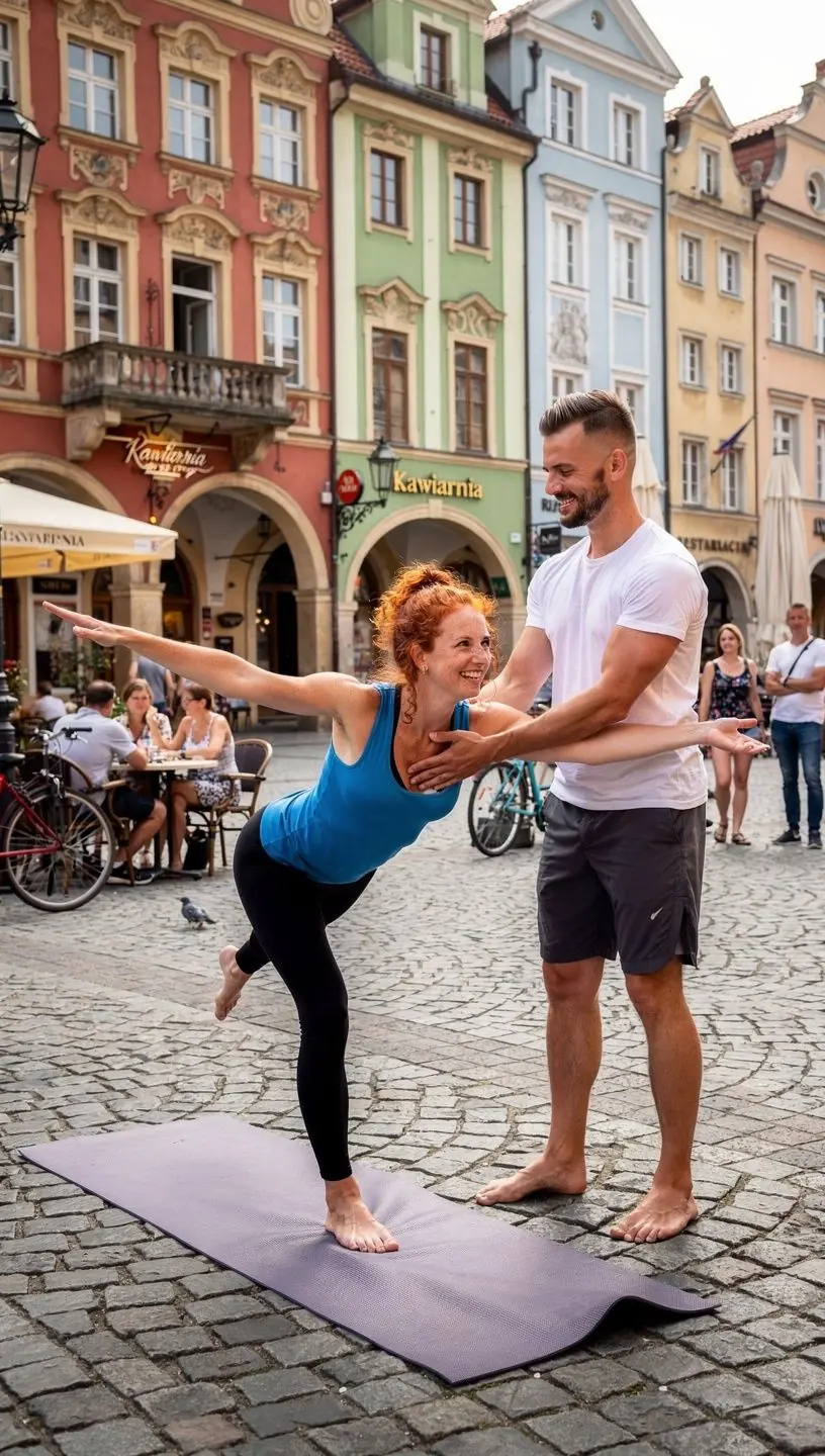Dwoje ludzi wykonujących wspólnie pozycje jogi, uśmiechając się do siebie w atmosferze harmonii.