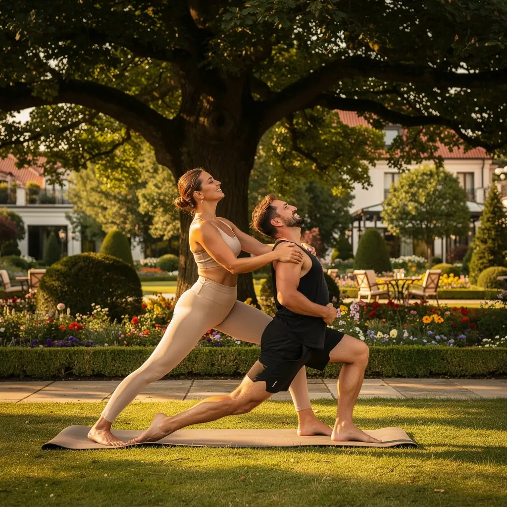 Dwoje ludzi wykonujących wspólnie pozycje jogi, uśmiechając się do siebie w atmosferze harmonii.