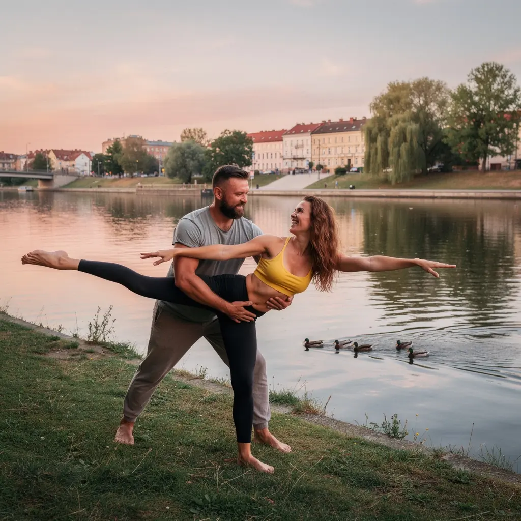 Dwoje ludzi wykonujących wspólnie pozycje jogi, uśmiechając się do siebie w atmosferze harmonii.
