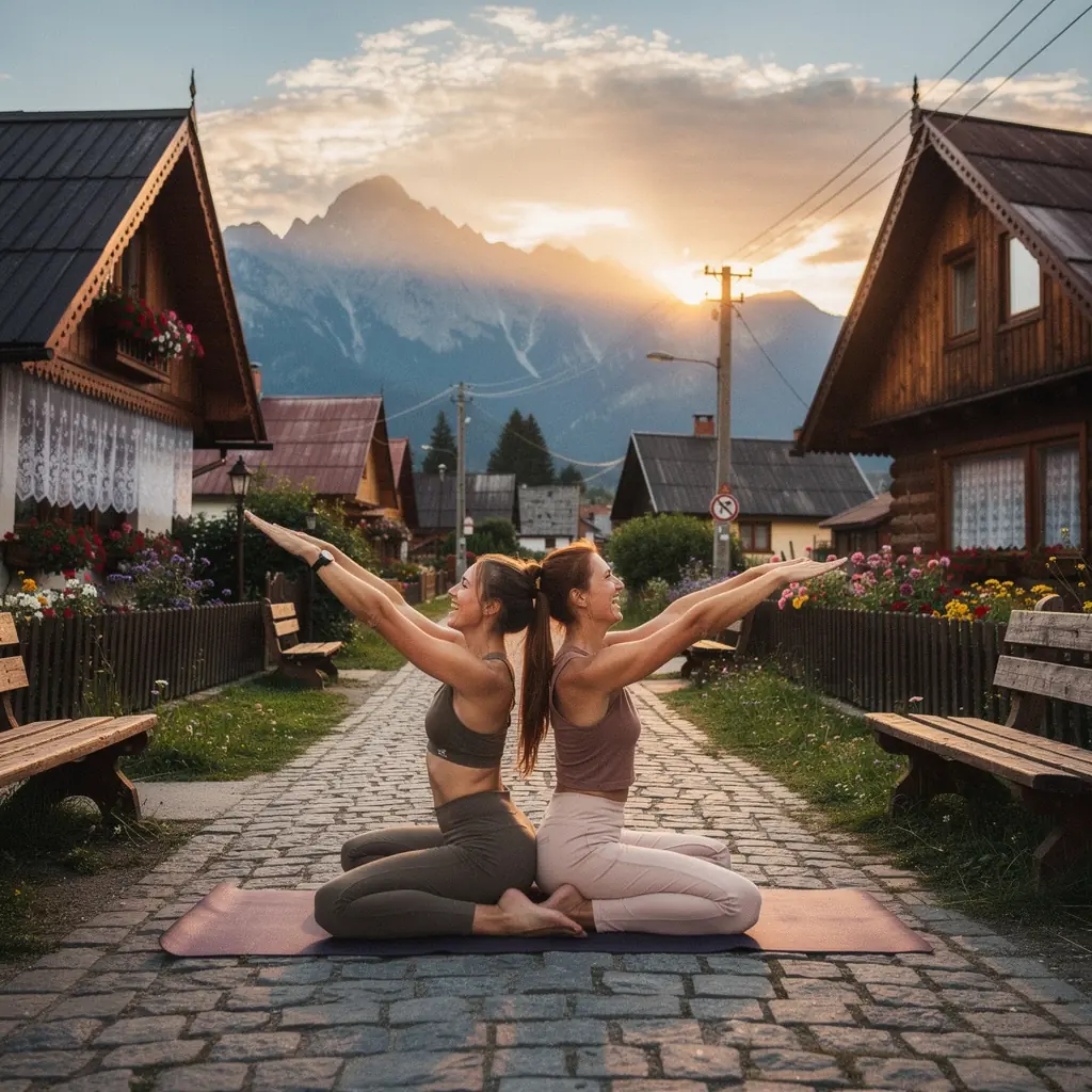 Dwoje ludzi wykonujących wspólnie pozycje jogi, uśmiechając się do siebie w atmosferze harmonii.